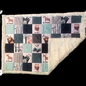 Handmade white&blue luxe minky woodland critters baby blanket fox owl moose bear